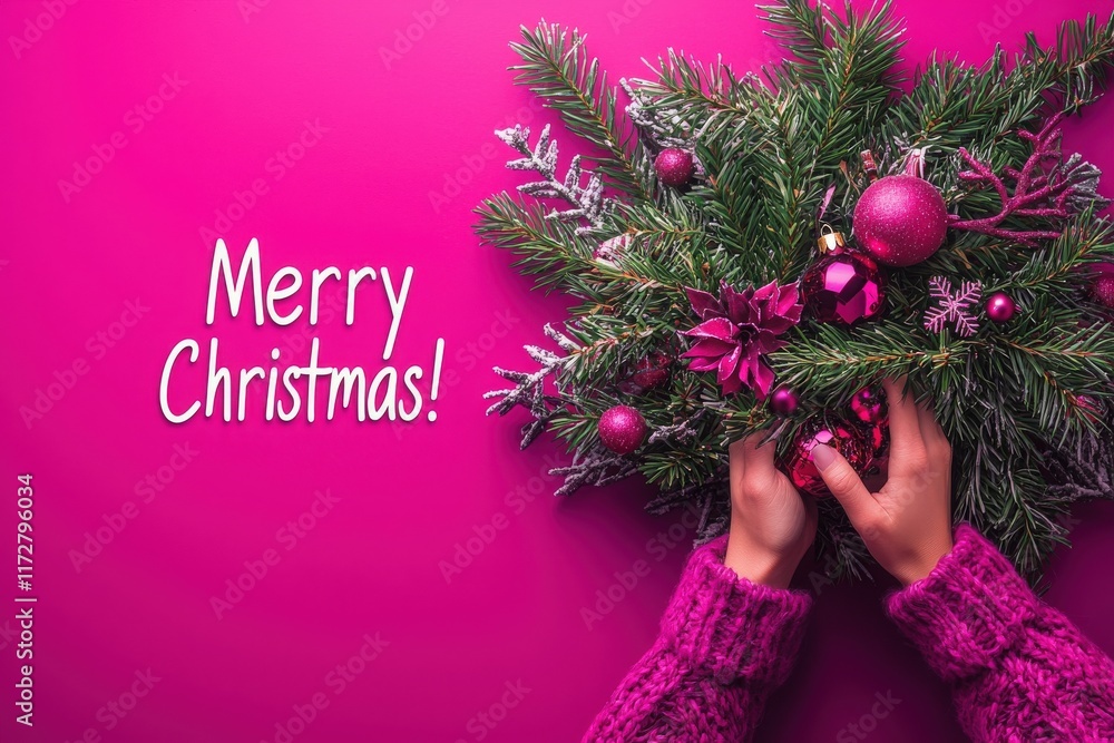 Hands hold a beautiful arrangement of pine branches, ornaments, and flowers in a vibrant pink setting. The festive decor exudes a joyful Christmas spirit, enhancing holiday cheer.