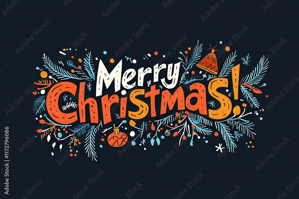 Bright, cheerful design featuring the phrase Merry Christmas surrounded by colorful ornaments and pine branches, capturing the festive spirit of the holiday season.