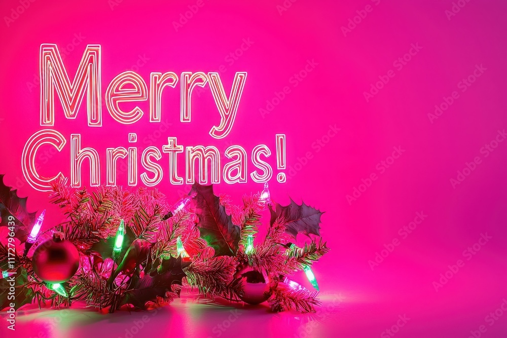 Colorful Christmas decorations feature lush greenery and ornaments, highlighting a cheerful Merry Christmas message. The vivid background adds a joyful touch to the holiday spirit.