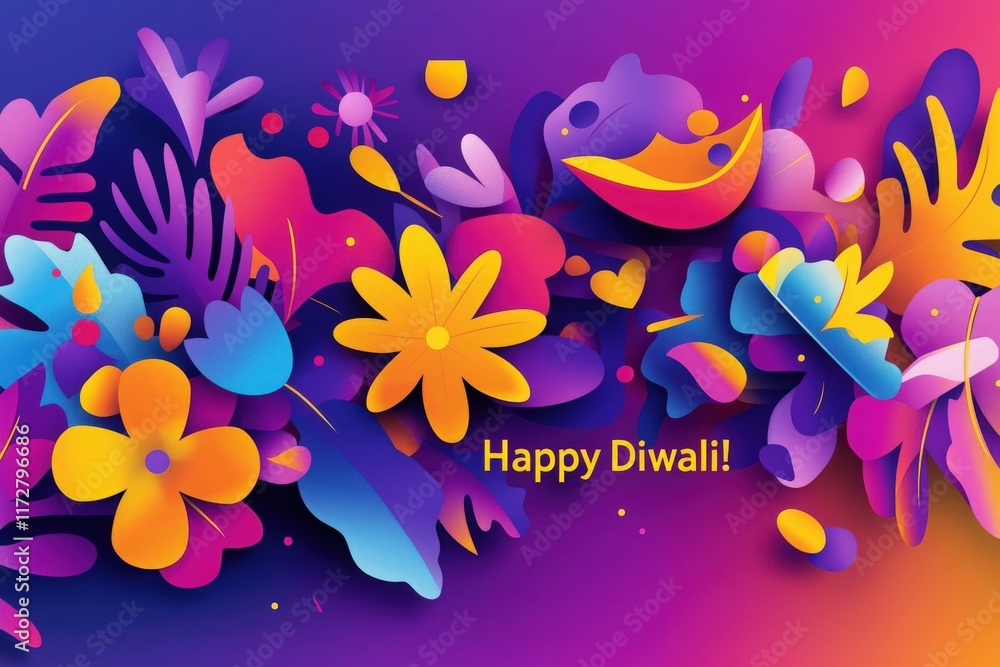 Colorful patterns of flowers and leaves create a vibrant design celebrating Diwali. Bright colors of purple, orange, and yellow enhance the festive atmosphere and joy of the occasion.