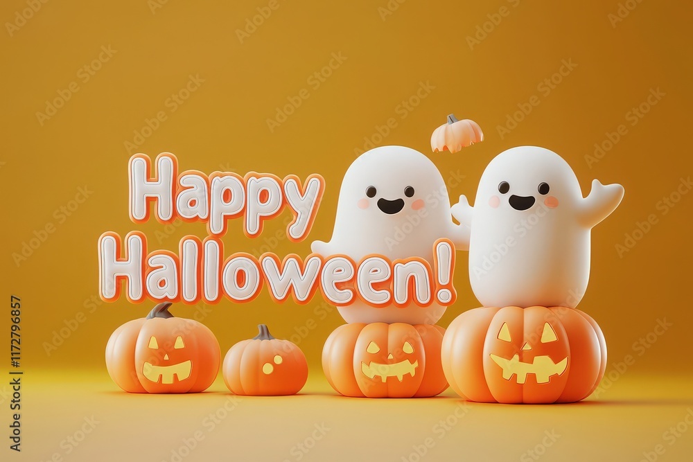 Two adorable ghost figures stand beside carved pumpkins, celebrating Halloween. The vibrant colors and playful expressions create a cheerful autumn atmosphere perfect for the holiday.