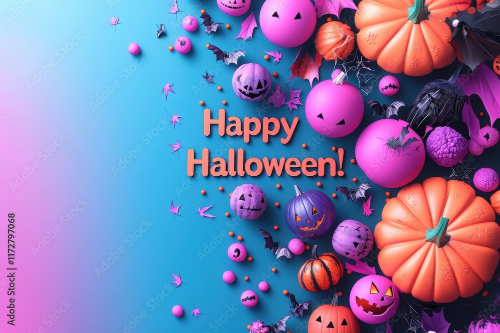A festive display of Halloween decorations features purple and orange pumpkins, whimsical bats, and playful ornaments. The colorful setup creates an inviting atmosphere for celebration.