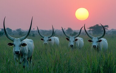 Poster - Four white oxen with long horns graze in tall grass at sunset.