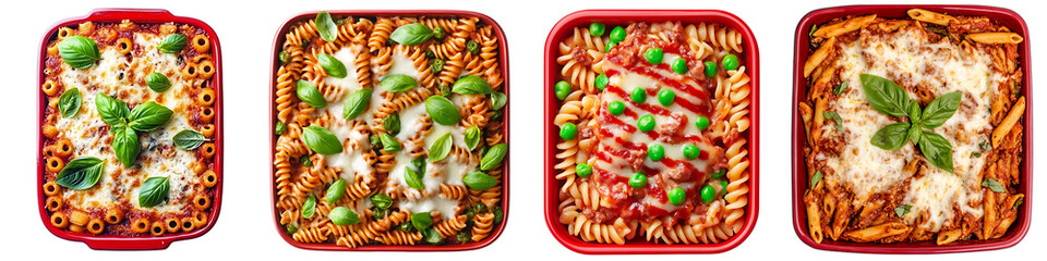 Wall Mural - Set of baked pasta with cheese and green vegetables, isolated on a transparent background.