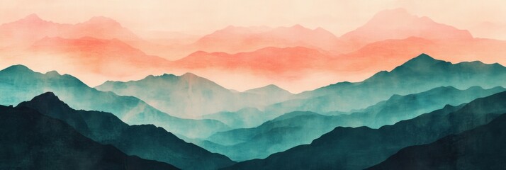 Aufkleber - Retro risograph style illustration showcasing tranquil mountains under a vibrant sunset near a serene valley. Generative AI