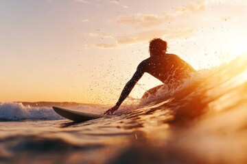 Sticker - Surfer catching a wave at sunset along a serene coastline