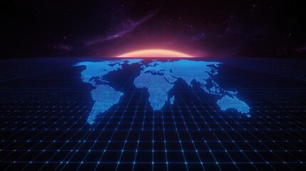 Sticker - Digital World Map with Grid and Cosmic Background at Sunrise