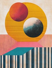 Poster - Retro risograph artwork featuring abstract shapes and colors with circular elements and striped patterns. Generative AI