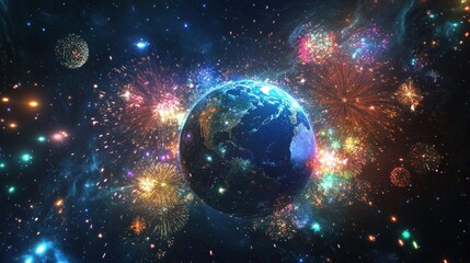 earth surrounded by colorful fireworks in space, glowing nebula and stars.