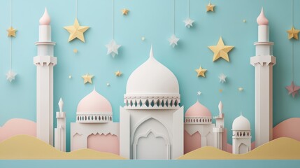 Canvas Print - Mosque Silhouette: A 3D paper cut of a mosque with domes and minarets. paper cut Art Style 3d background 