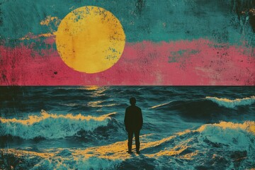Poster - Stunning sunset over ocean waves with a figure standing alone in retro risograph style. Generative AI