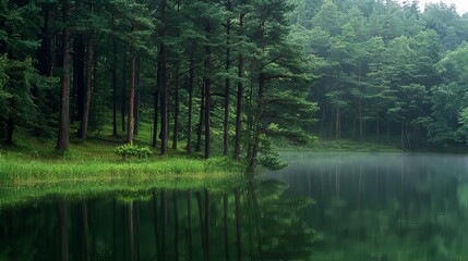 Wall Mural - Serene Forest Lake Reflecting Lush Greenery Under a Soft Morning Light