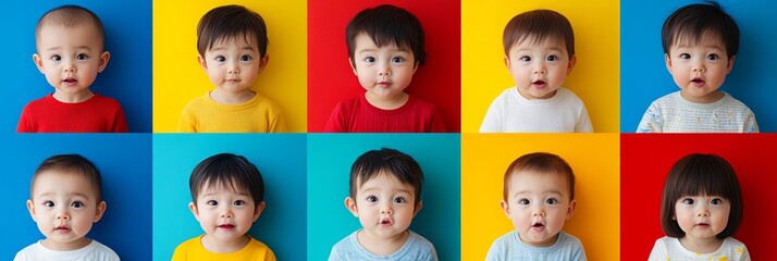 Nine Adorable Babies with Joyful Expressions, Colorful Background, Studio Portraits of Infants