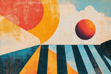 Aufkleber - Bright sun and vivid red planet over abstract landscape in retro risograph style. Generative AI