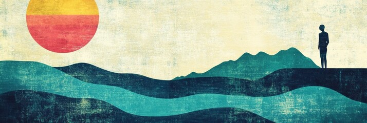 Leinwandbilder - Sunset over rolling hills with a silhouetted figure in retro risograph style landscape. Generative AI