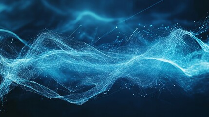 Wall Mural - Abstract blue waves and particles create a futuristic digital background.