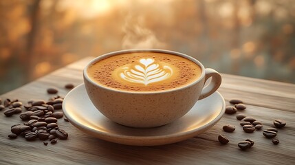 Steaming latte art in cup on wooden table at sunset.