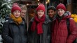 © Teresaart - Group of Friends Wearing Coordinated Winter Outfits in a Snowy Outdoor Setting