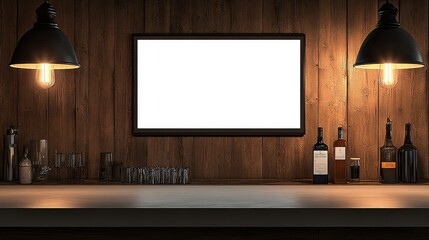 Wall Mural - Empty Digital Signage Screen Mockup, Wooden Bar Counter, Bottles, Glasses, Pendant Lights