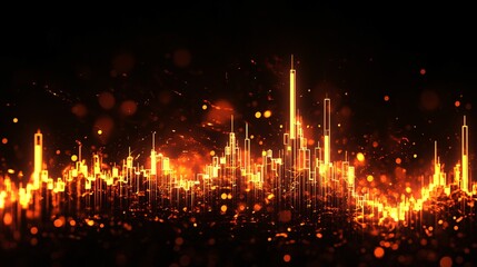 Wall Mural - Abstract orange and gold sound wave visualization with glowing particles in a dark setting.
