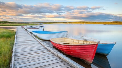 Naklejka na meble Fishing boats secured to wooden docks on a secluded, tranquil bay.