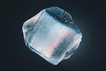 Fototapete - A translucent, cube-shaped ice crystal with intricate cracks, isolated on a dark background.