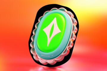 Aufkleber - A vibrant green diamond icon within a teal, scalloped, metallic frame against a warm, gradient background.