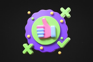 Poster - 3D render of a thumbs up symbol with check and cross marks, signifying approval and feedback.