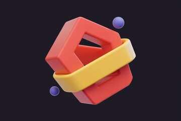 Aufkleber - Abstract 3D rendering of interlocking geometric shapes in red and yellow with purple spheres.
