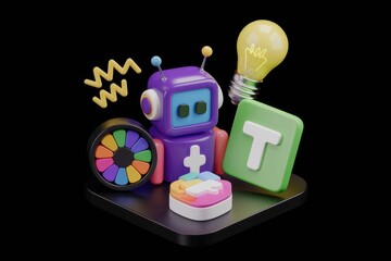 Aufkleber - A colorful 3D robot with a lightbulb, representing creativity and innovative ideas in technology.