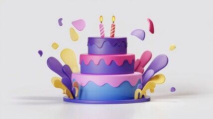 Poster - A three-layered birthday cake with two lit candles, surrounded by colorful abstract shapes.
