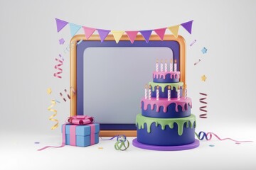 Poster - A three-layered birthday cake with candles, gift, and party decorations.