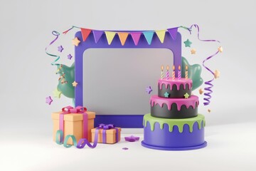 Poster - A delightful birthday scene with a two-tiered cake, gifts, and festive decorations.