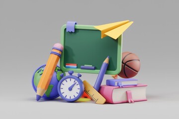 Poster - A 3D rendering of school supplies, including a chalkboard, pencil, globe, stopwatch, ruler, books, and a basketball, suggesting education and learning.