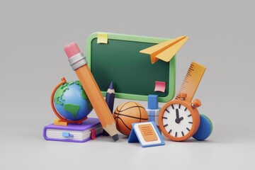Poster - A vibrant 3D render of school supplies, including a globe, pencil, blackboard, and stopwatch, symbolizing education and learning.