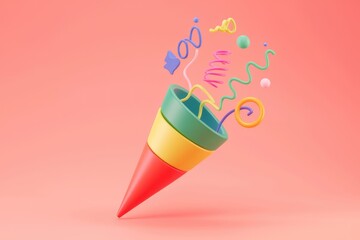 Poster - A colorful 3D rendering of a party cone exploding with joy and vibrant shapes.