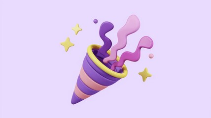 Poster - A 3D rendered party popper with colorful streamers exploding, celebrating festivities.
