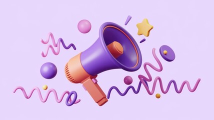 Poster - A 3D rendered image of a purple megaphone surrounded by colorful abstract shapes, conveying a message of announcement or promotion.