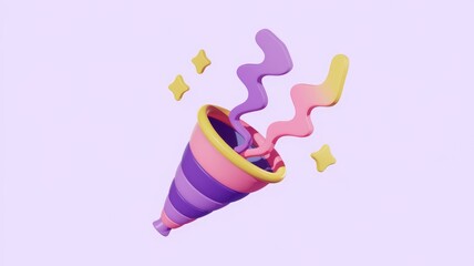 Poster - A colorful 3D render of a party horn with streamers, celebrating joy and festivity.