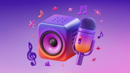 Poster - A vibrant 3D rendering of a speaker and microphone, symbolizing music and audio recording.