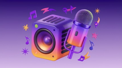 Poster - A vibrant 3D render of a speaker and microphone, symbolizing music and audio recording.
