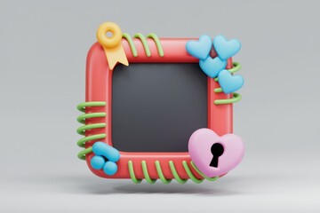 Poster - A playful 3D rendered frame adorned with hearts, swirls, and a keyhole, perfect for love-themed designs.