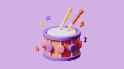 Poster - A playful 3D render of a colorful toy drum with drumsticks and musical notes.