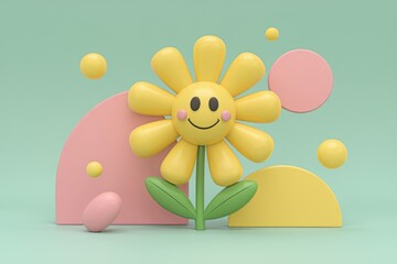 Poster - A cheerful, 3D-rendered smiley flower with pastel shapes.