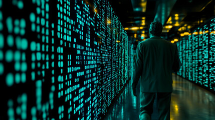 A person walks past a wall of glowing teal binary code, representing data, technology, and the digital age.