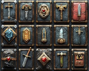 Wall Mural - 3D RPG inventory icons featuring weapons potions armor and tools on textured wood leather and metal backgrounds