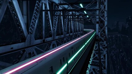 Poster - Futuristic train travels along illuminated track through a night landscape with stunning architecture