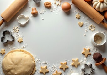 Holiday baking setup with dough, cookie cutters, and festive decorations on a table