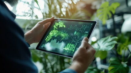Man Holding Tablet Viewing Green Data Graphs