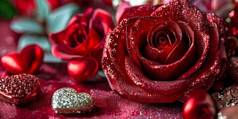 Poster - A red rose with glitter on it is surrounded by hearts and chocolates